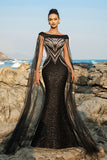 Robe de soirée sirène noire à manches cape à paillettes scintillantes