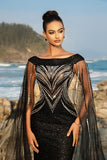 Robe de soirée sirène noire à manches cape à paillettes scintillantes