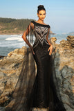 Robe de soirée sirène noire à manches cape à paillettes scintillantes