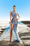 Robe de soirée dos nu à sequins sirène bleue avec fente