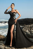 Robe de soirée à une épaule noire sirène à sequins avec fente