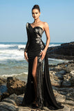 Robe de soirée à une épaule noire sirène à sequins avec fente