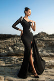 Robe de soirée à une épaule noire sirène à sequins avec fente