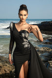 Robe de soirée à une épaule noire sirène à sequins avec fente