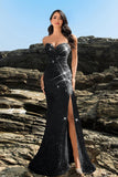 Robe de soirée sirène sans bretelles scintillante à sequins noirs