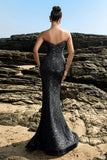 Robe de soirée sirène sans bretelles scintillante à sequins noirs