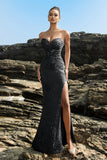 Robe de soirée sirène sans bretelles scintillante à sequins noirs