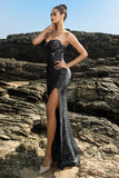 Robe de soirée sirène sans bretelles scintillante à sequins noirs