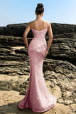 Robe de soirée sirène sans bretelles scintillante à sequins noirs