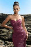 Robe de soirée sirène sans bretelles scintillante à sequins noirs