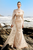 Robe de soirée corset perlé sirène champagne à épaules dénudées