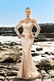 Robe de soirée corset perlé sirène champagne à épaules dénudées