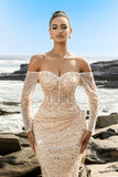 Robe de soirée corset perlé sirène champagne à épaules dénudées