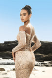 Robe de soirée corset perlé sirène champagne à épaules dénudées