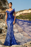 Robe de soirée sirène bleu royal scintillante avec banderole