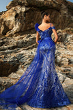 Robe de soirée sirène bleu royal scintillante avec banderole