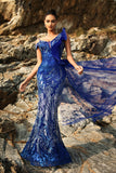 Robe de soirée sirène bleu royal scintillante avec banderole