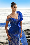 Robe de soirée sirène bleu royal scintillante avec banderole