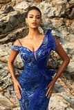 Robe de soirée sirène bleu royal scintillante avec banderole