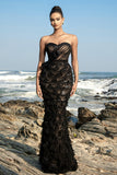 Robe de soirée sirène noire sans bretelles