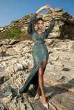 Robe de soirée sirène vert scintillant à manches 3/4