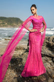 Robe de soirée sirène fuchsia à paillettes avec manches cape