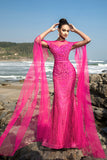 Robe de soirée sirène fuchsia à paillettes avec manches cape