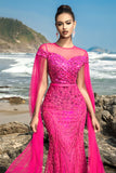 Robe de soirée sirène fuchsia à paillettes avec manches cape