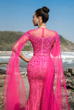 Robe de soirée sirène fuchsia à paillettes avec manches cape