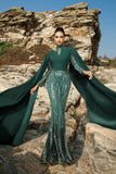 Robe de soirée sirène vert foncé scintillante avec manches cape