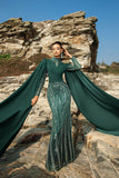 Robe de soirée sirène vert foncé scintillante avec manches cape