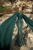 Robe de soirée sirène vert foncé scintillante avec manches cape