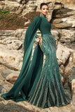 Robe de soirée sirène vert foncé scintillante avec manches cape