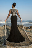 Robe de soirée sirène noire à applications avec cape amovible