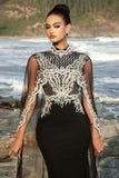 Robe de soirée sirène noire à applications avec cape amovible