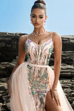Robe de soirée sirène scintillante à bretelles spaghetti blush avec cape