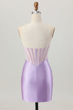 Robe courte de bal en satin perlée lilas corset sans bretelles