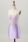 Robe courte de bal en satin perlée lilas corset sans bretelles