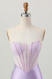 Robe courte de bal en satin perlée lilas corset sans bretelles