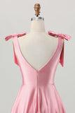 Blush Pink A Line Col en V Robe de retour aux sources en satin avec noeuds