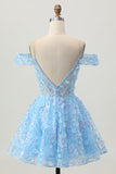 Paillettes scintillantes Bleu A-ligne épaule dénudée Mini Robe De Cocktail avec dos ouvert