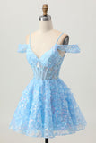 Paillettes scintillantes Bleu A-ligne épaule dénudée Mini Robe De Cocktail avec dos ouvert