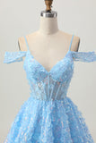 Paillettes scintillantes Bleu A-ligne épaule dénudée Mini Robe De Cocktail avec dos ouvert