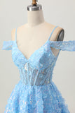 Paillettes scintillantes Bleu A-ligne épaule dénudée Mini Robe De Cocktail avec dos ouvert