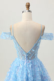 Paillettes scintillantes Bleu A-ligne épaule dénudée Mini Robe De Cocktail avec dos ouvert