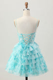 Bleu vert une ligne à plusieurs niveaux Corset Mini Robe de cocktail avec jupe à volants