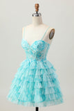 Bleu vert une ligne à plusieurs niveaux Corset Mini Robe de cocktail avec jupe à volants