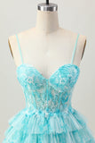 Bleu vert une ligne à plusieurs niveaux Corset Mini Robe de cocktail avec jupe à volants