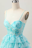 Bleu vert une ligne à plusieurs niveaux Corset Mini Robe de cocktail avec jupe à volants