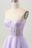 Scintillant Une ligne sans bretelles paillettes à lacets dans le dos Mini Robe De Cocktail lilas avec perles